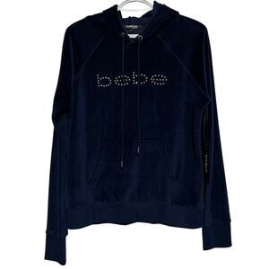 Bebe Sport Women's Navy‎ Blue Velour Rhinestone Hoodie Thumb Hole Size M
